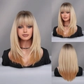 18-inch ombre blonde straight wig with bangs, layered shoulder-length synthetic hair - Blonde Shadow Root Model Color