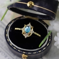 S925 silver ring with oval blue gemstone and zircon halo in a vintage gold finish - J5273 Gold Vintage Moonstone Halo Ring