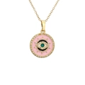 Goldene Kette mit rosa Emaille-Böser-Blick-Anhänger und weißen Zirkonia auf weißem Grund - Rosa