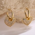 Elegant gold heart drop earrings with pave-set zircons on romantic lace background - Style 43889