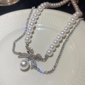 French style double-layer pearl necklace with silver rhinestone bow pendant in white tray - Style 7# (HN5793)