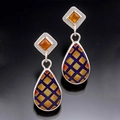Elegant teardrop checkered enamel earrings with amber zircon and silver metal finish - S416 Geometric Blue Gold