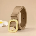 Women's khaki leather belt featuring a smooth gold buckle and subtle floral accent - Apricot