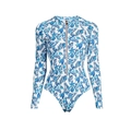 Dames surfpak met lange mouwen, blauwe schelpenprint en ritssluiting aan de voorzijde - S / Badpak uit één stuk