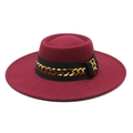 Detail of burgundy wide brim wool felt hat with decorative black band and gold chain link - 57-59cm / Burgundy