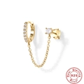 Detail of 925 sterling silver gold plated double piercing chain earrings with zircon stones - 925 Silver / Gold-White Zircon