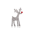 Festive silver reindeer brooch with sparkling rhinestones and a red bead nose - Silver Elk