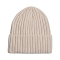 Macro view of beige knit beanie showing vertical ribbed texture and elastic yarn detail - One Size / Beige