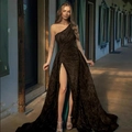 Elegant one-shoulder sequin evening dress in deep brown with a high slit and texture - S / Tops / Black