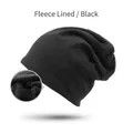 Black waffle knit slouchy beanie for couples with warm fleece lining and minimalist style - Fleece Lined Black