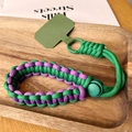 Adjustable woven wrist phone lanyard in purple and green with quick-release metal ring - Short [Dark Green & Purple] Adjustable Braided Lanyard + Army Green Patch