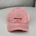 Pink distressed cotton baseball cap with embroidered letters and torn brim design - One Size (58-60cm) / Pink