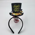 Detail of Happy New Year black felt top hat headband with golden festive printing - Style 16-Black Top Hat Gold Star
