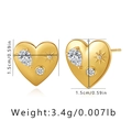 Detail view of 18K gold plated heart stud earrings with cubic zirconia and texture - Starburst Engraved Heart with Tear Zirconia