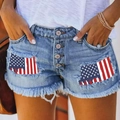 Detail of high-waisted denim shorts with US flag patches, buttons, and frayed edges - Flag Patch