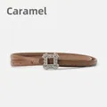 Cintura sottile in vera pelle color caramello con fibbia quadrata di strass donna - Caramello