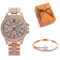 Rose gold diamond-set watch and matching star bracelet in a gift box for women - Rose Gold Watch + Bracelet + Orange Box