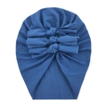 Detail of blue cotton baby turban hat featuring three soft decorative bows on front - Sapphire Blue