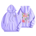 Lavender hoodie with front chest logo and floral back print in a flat-lay view - S / Lavender/Floral(2)
