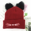Red knitted cat ear beanie with white whisker embroidery for women winter casual style - Burgundy