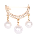 Golden crescent moon brooch with clear crystals and three white hanging pearls - Crescent Moon Pearl Gold