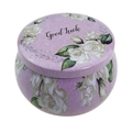 Pink round metal storage tin with white rose pattern and Good Luck text on lid - D125-Good Luck Pink Rose