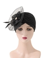 Elegant black turban hat for women featuring a large mesh flower, feathers, and pearl detail - One Size / Mesh Flower Feather Style / Black