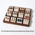Walnut wood earring display tray with 12 beige velvet slots for jewelry storage - Walnut 12-Position Stud Earring Stand - Beige Velvet