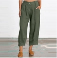 Army green wide-leg cropped trousers in cotton linen showing elegant drape and texture - Army Green