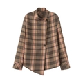 Women's plaid button-up jacket with asymmetric hem and retro check pattern on white background - XS / Plaid