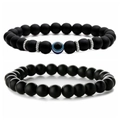 Set of two 8mm matte tiger eye and black lava stone bracelets with blue evil eye charm - Frosted Set