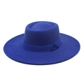Detail of royal blue wool felt boater hat featuring a matching satin ribbon and flat top - M (56-58cm) / Sapphire Blue