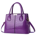 Glossy purple crocodile pattern handbag with dual handles and golden detachable strap - Purple