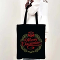 Borsa tote di Natale in tela nera con stampa ghirlanda Merry Christmas e campanelli - Stile 03-Ghirlanda di campane / Nero