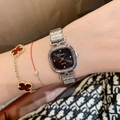 Women's square quartz watch with black sunray dial and silver alloy metal link strap - Silver/Black