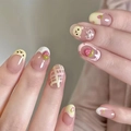 Cute pink strawberry bear press-on nails with bow and pearl details for women - By2087 Qingli Strawberry / Phototherapy Glue Style