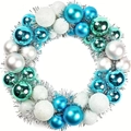 Christmas wreath with blue, teal and silver ornaments plus white glitter baubles - Lake Blue Silver