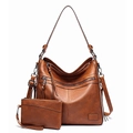 Brown faux leather 2-in-1 tote bag and clutch set with gold hardware on white background - Two-Piece Set / Brown