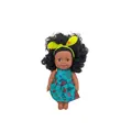 Black vinyl baby doll with curly hair wearing a green cartoon dress and bow headband - 18CM Girl Doll Style 3