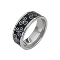 Macro detail of vintage titanium steel ring with black enamel and triskelion symbol - Triskelion Style/Size 7