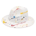 Detailed close-up of white fedora hat featuring artistic colorful paint splatter design - M(56-58cm) / Graffiti (White)