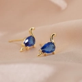 Gold-plated dinosaur stud earrings with a striking blue teardrop gemstone inlay - Sapphire Blue