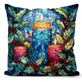 Blue stained glass Christmas pillow cover featuring festive candles and holly berries print - Retro Candles Stained Glass