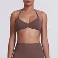 Brown halter neck seamless sports bra and high-waist yoga set for fitness and gym workouts - Coffee