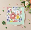 Floral printed paper napkins with watercolor flowers and light green embossed border - Ink Flower