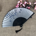 Classic folding fan with gray lily and butterfly print on black bamboo ribs - No.11 Grey White Gradient Blue Lily