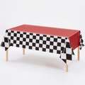 Rectangular racing themed tablecloth with red top and black and white checkered border - Racing Checkerboard Tablecloth 137*274