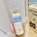 Cute white 600ml cartoon kids thermos with blue silicone sleeve and pop-top lid - Yellow-Egg