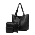 Three-piece black lychee pattern leather handbag set with tote, crossbody bag and pouch - Black