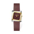 Women's square fashion watch with burgundy sunray dial and brown leather strap - Red - Belt